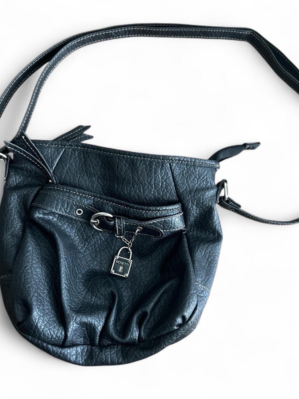 Black Leather-Texture Hobo Shoulder Bag with Lock Charm